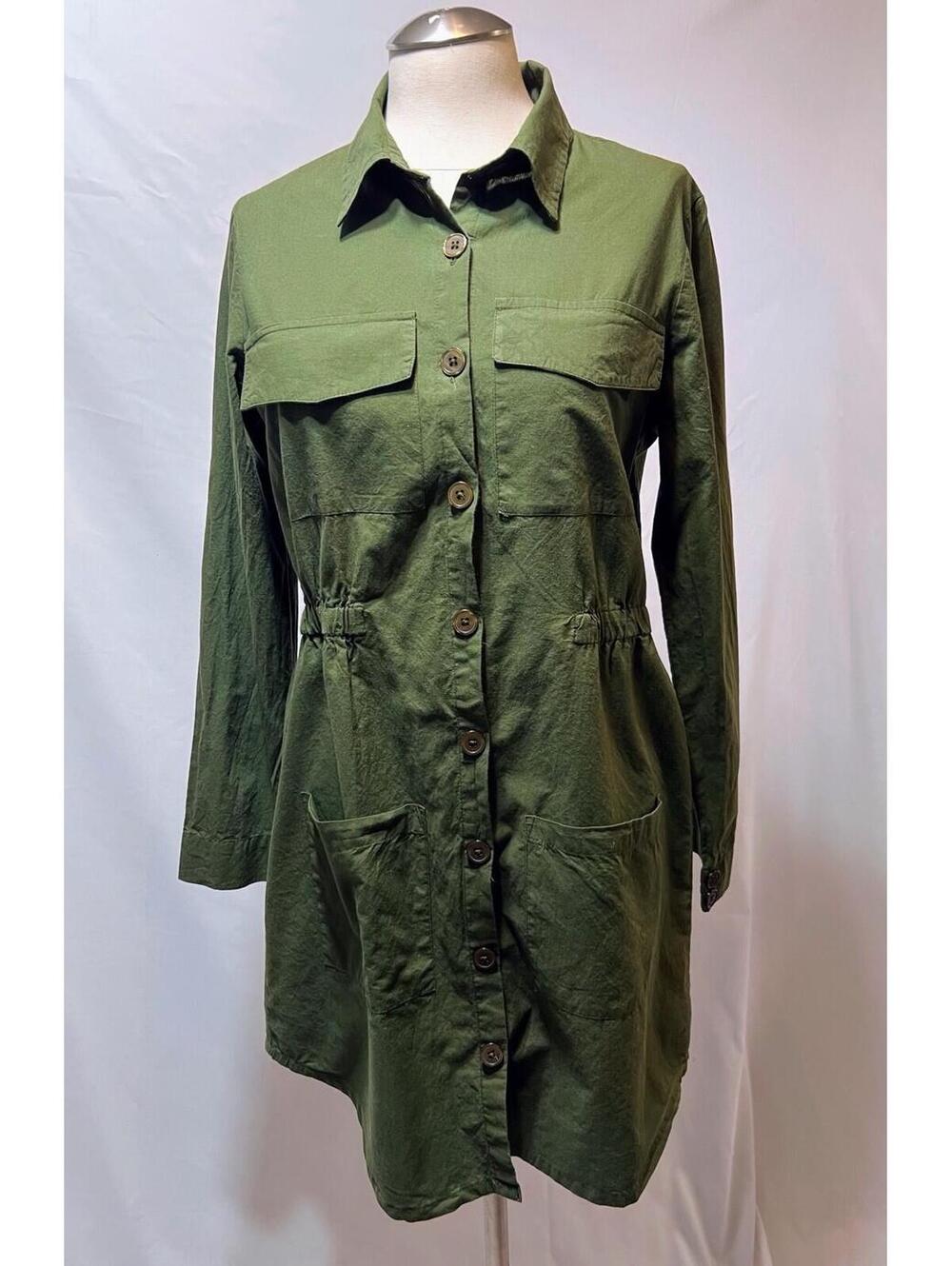 IT’S - Women’s Size M Green Dress Button Up Long Sleeved Stretch Waist